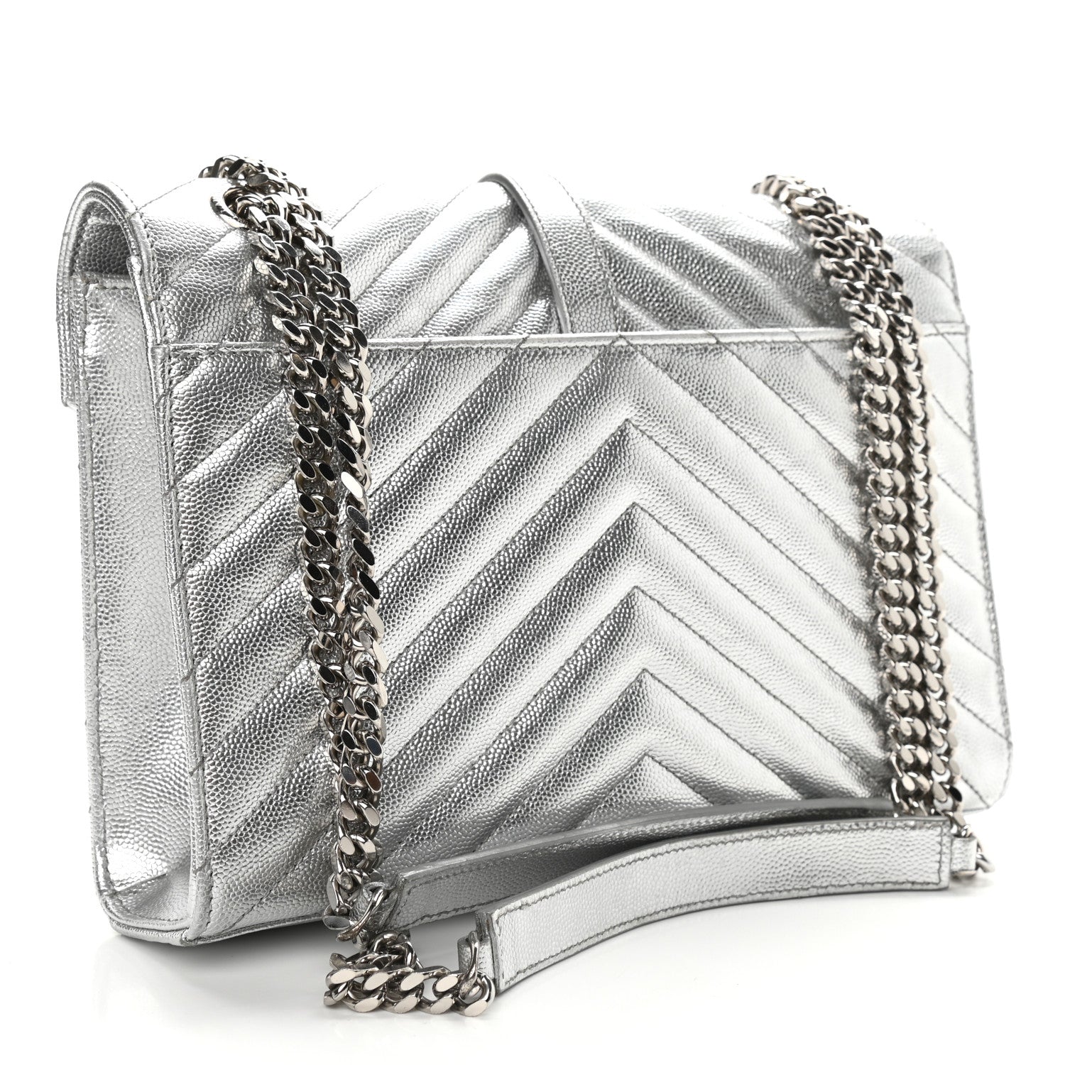 Saint Laurent Metallic Grain De Poudre Matelasse Chevron Medium Monogram Satchel Silver 3 of 10