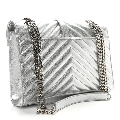 Saint Laurent Metallic Grain De Poudre Matelasse Chevron Medium Monogram Satchel Silver 3 of 10