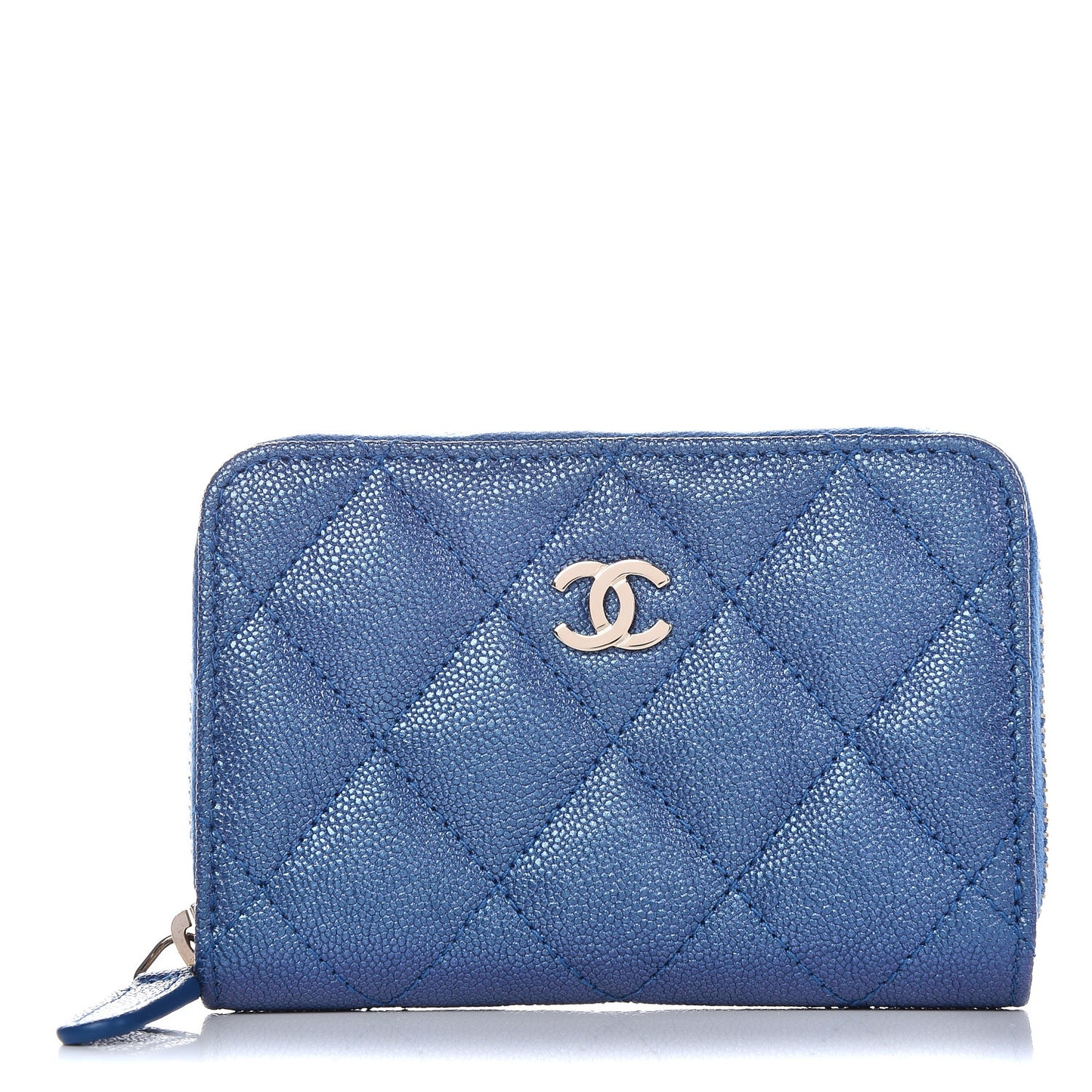 Metallic Caviar Quilted Zip Coin Purse Dark Blue
