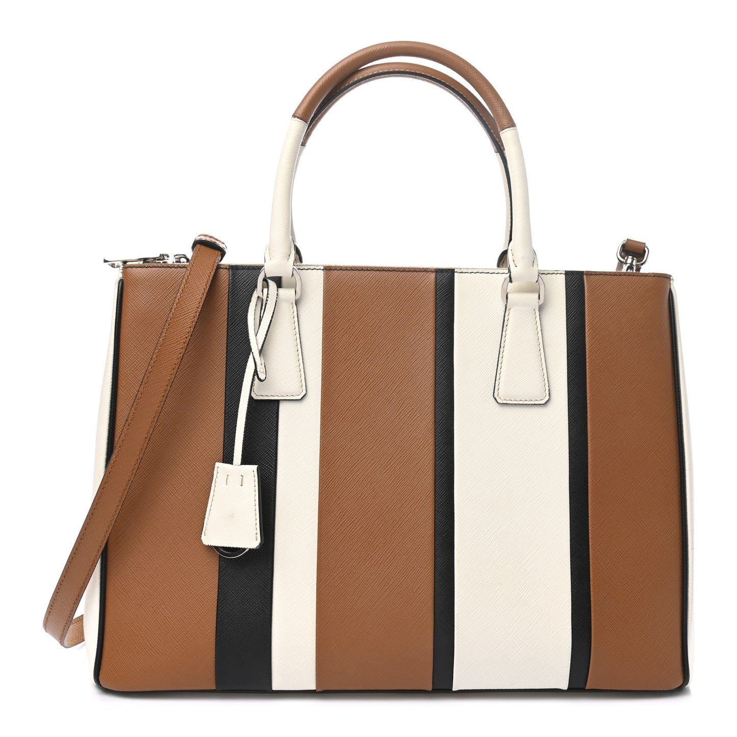 Saffiano Baiadera Striped Medium Galleria Double Zip Tote Caramel Black White