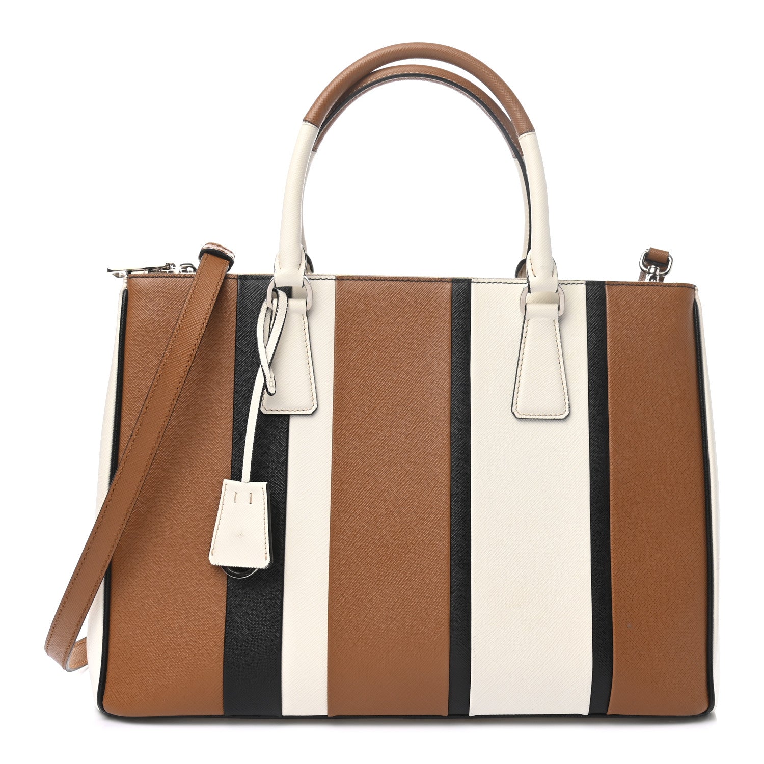 Prada Saffiano Baiadera Striped Medium Galleria Double Zip Tote Caramel Black White 1 of 10