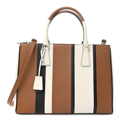 Prada Saffiano Baiadera Striped Medium Galleria Double Zip Tote Caramel Black White 1 of 10