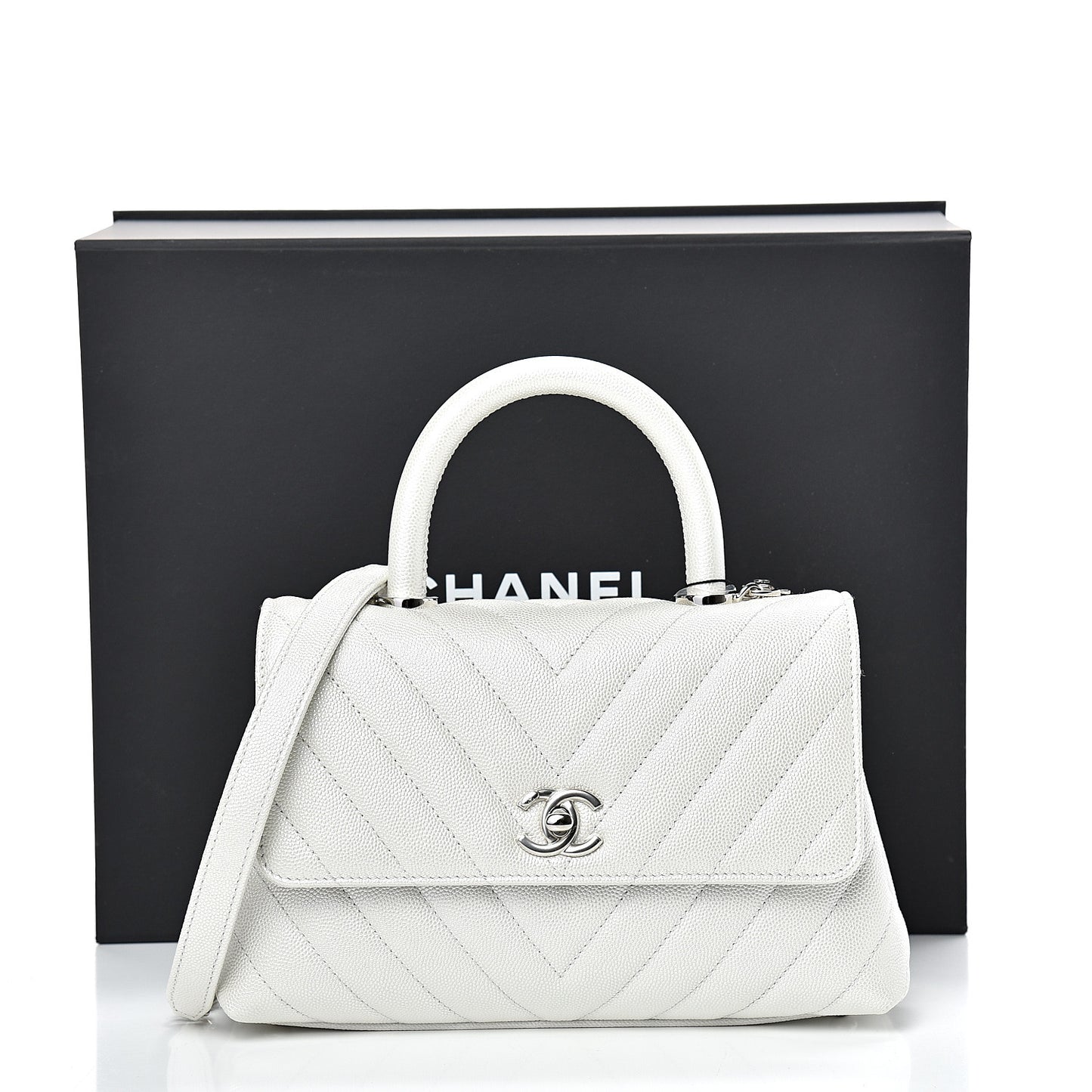 Iridescent Caviar Chevron Quilted Mini Coco Handle Flap White