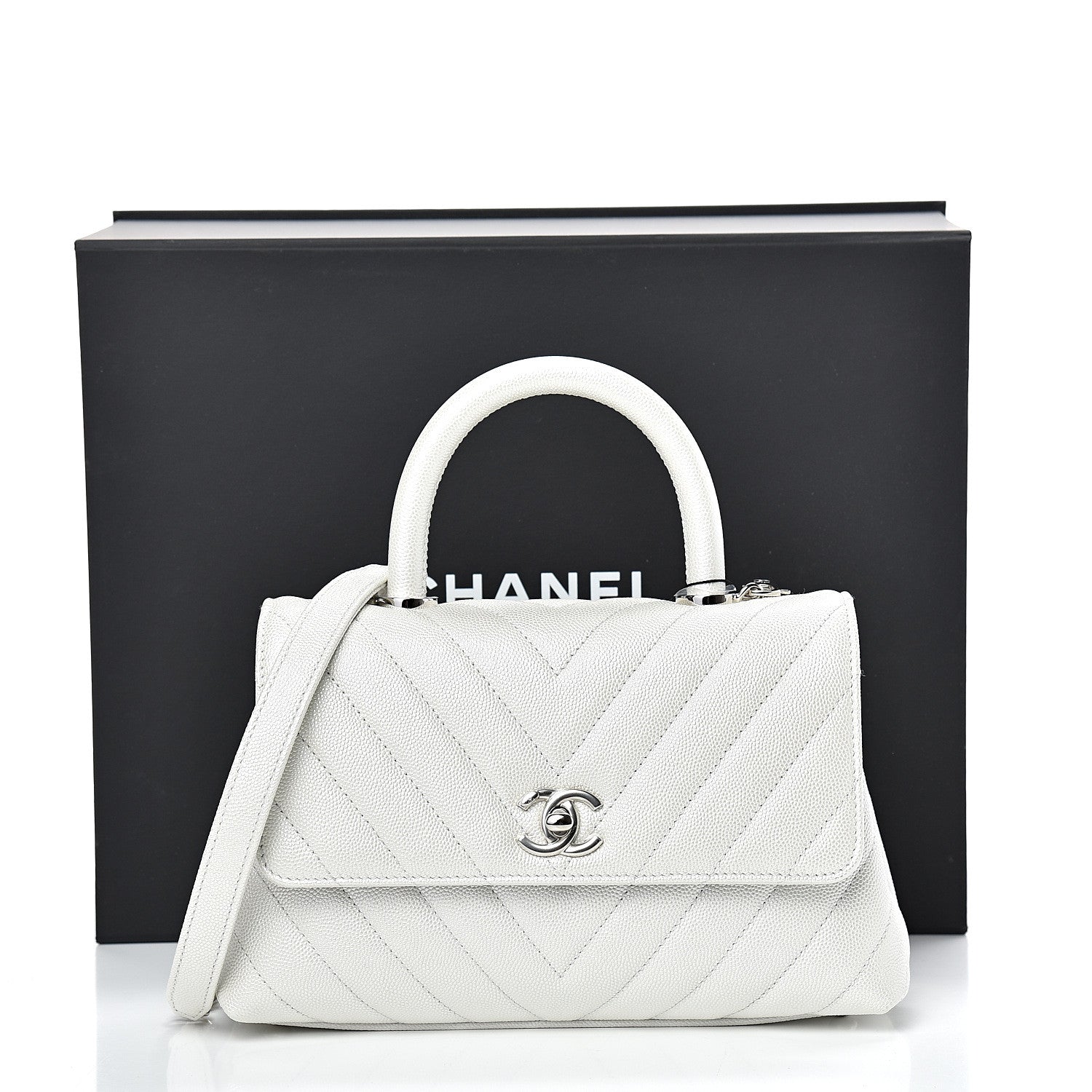 Chanel Iridescent Caviar Chevron Quilted Mini Coco Handle Flap White 11 of 11
