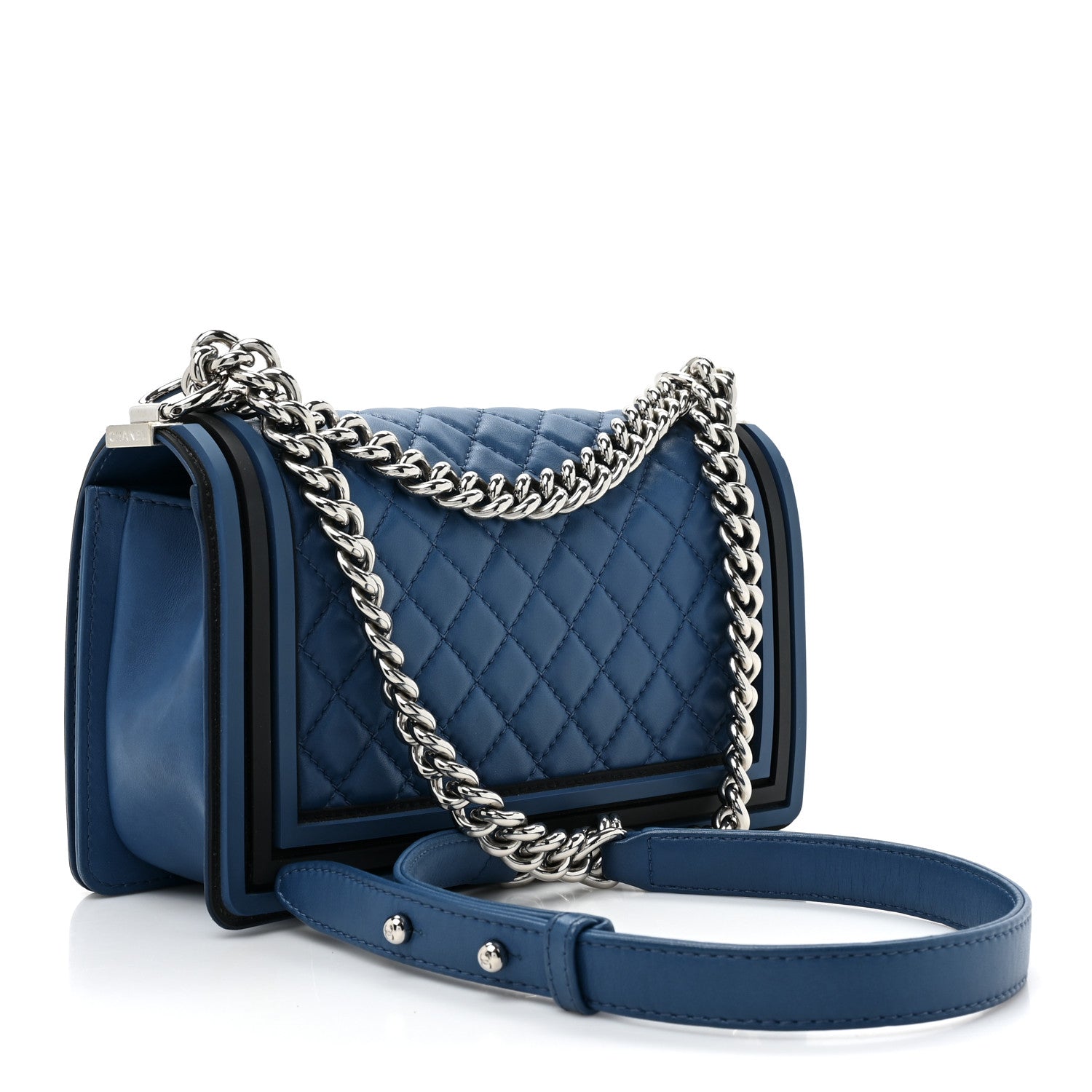 Chanel Lambskin Rubber Quilted Medium Two Tone Boy Flap Blue Black 3 of 15