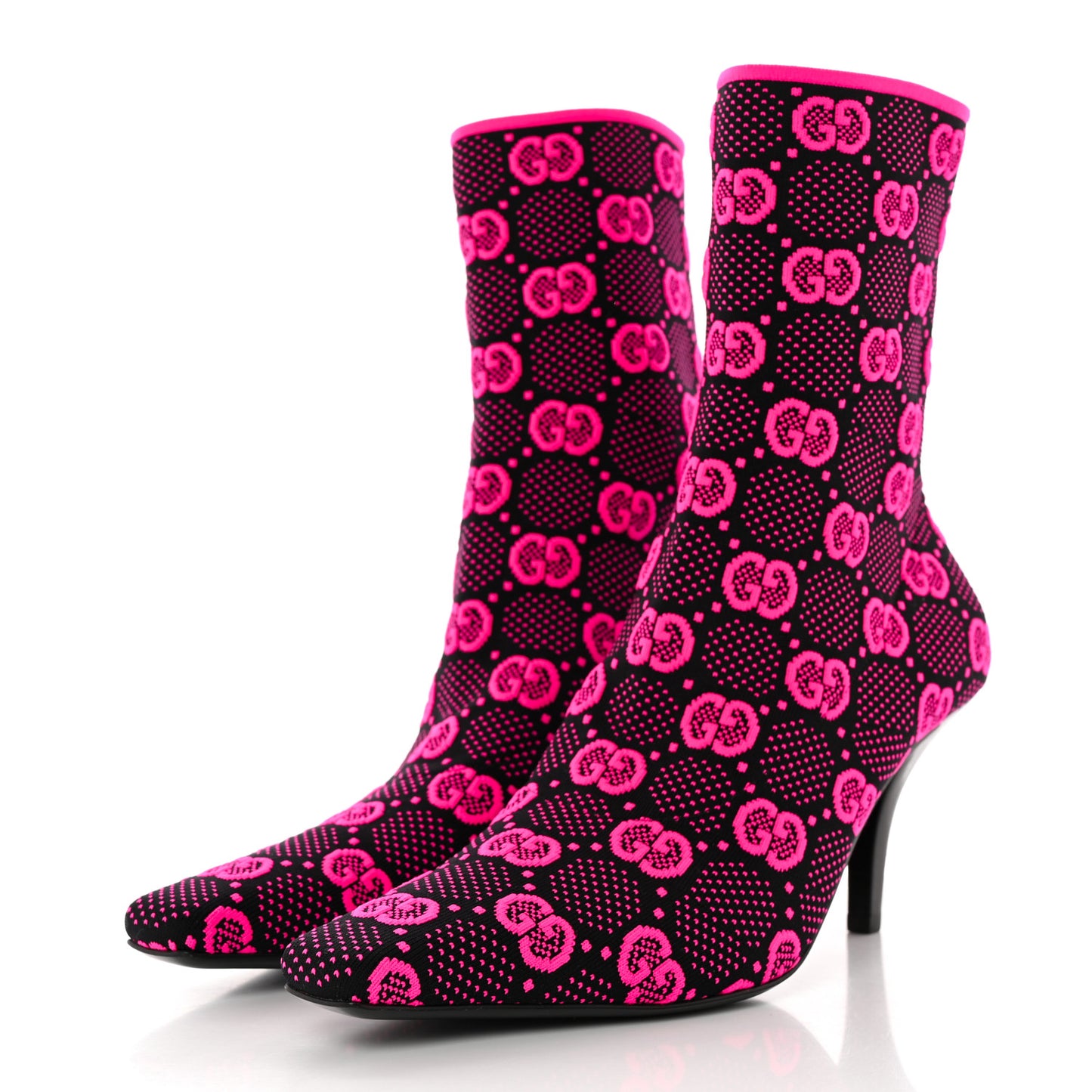 Technical Jersey Knit GG Monogram Square G 75mm Ankle Boots 38 Black Neon Fucsia