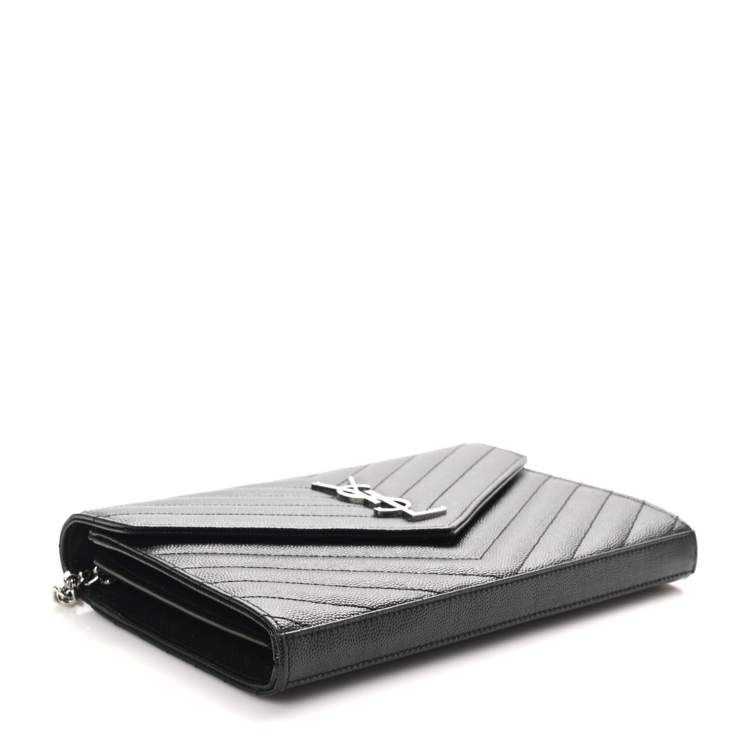 Saint Laurent Grain De Poudre Matelasse Chevron Monogram Chain Wallet Black 4 of 10