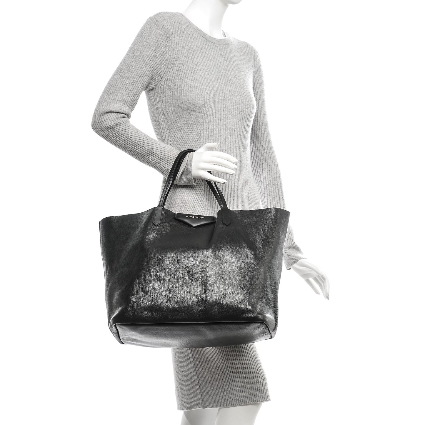 Shiny Grained Calfskin Large Antigona Tote Black