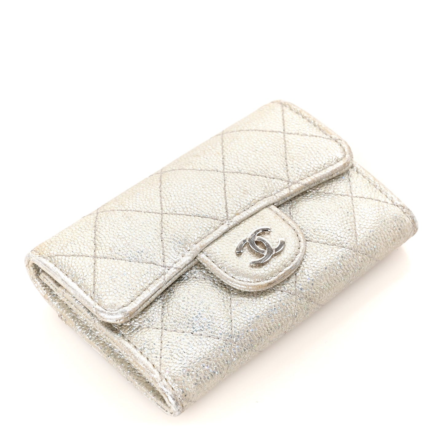 Glittered Metallic Caviar Quilted Flap Card Holder Wallet Silver