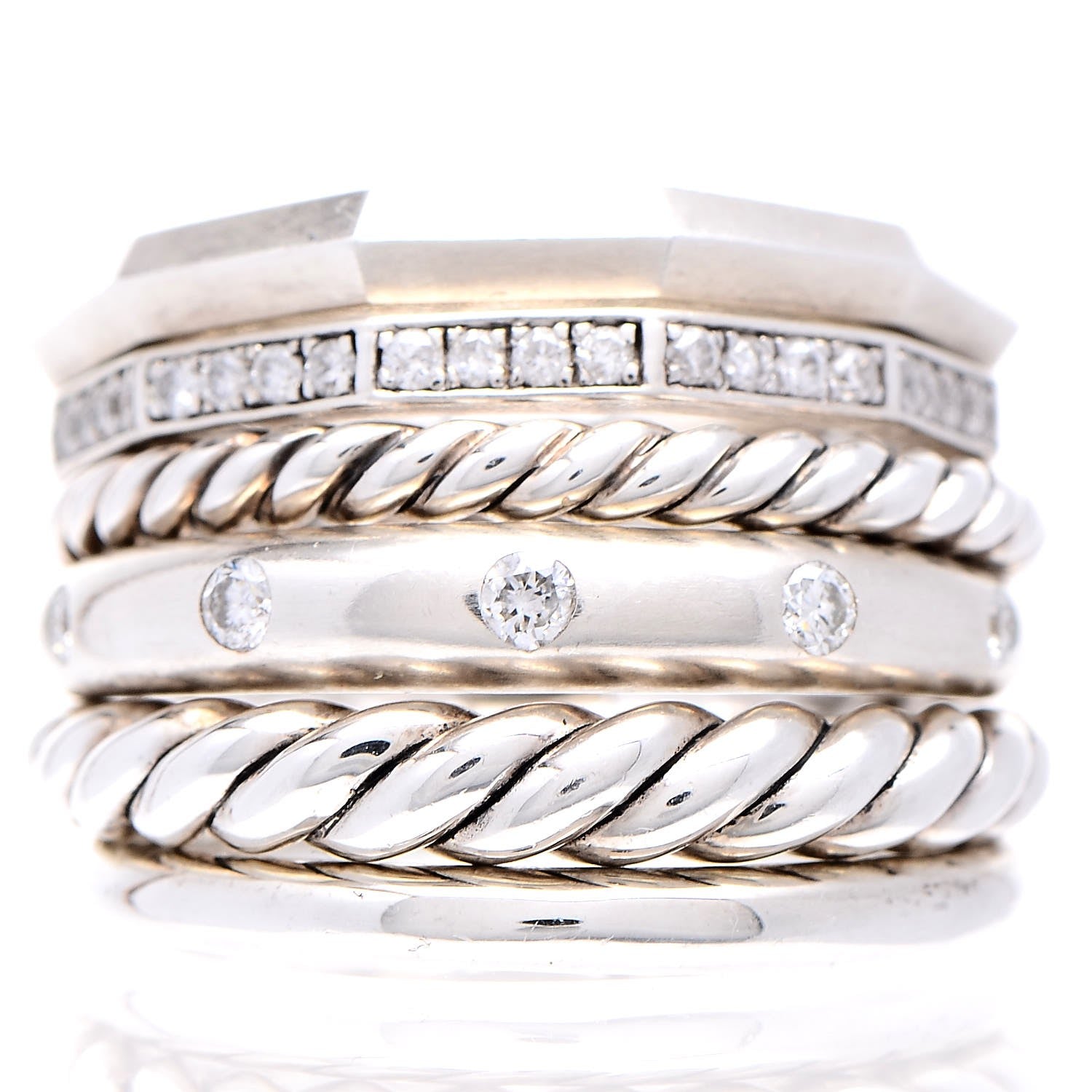 David Yurman Sterling Silver Diamond 16mm Stax Wide Stacked Ring 49.3 5 1 of 8