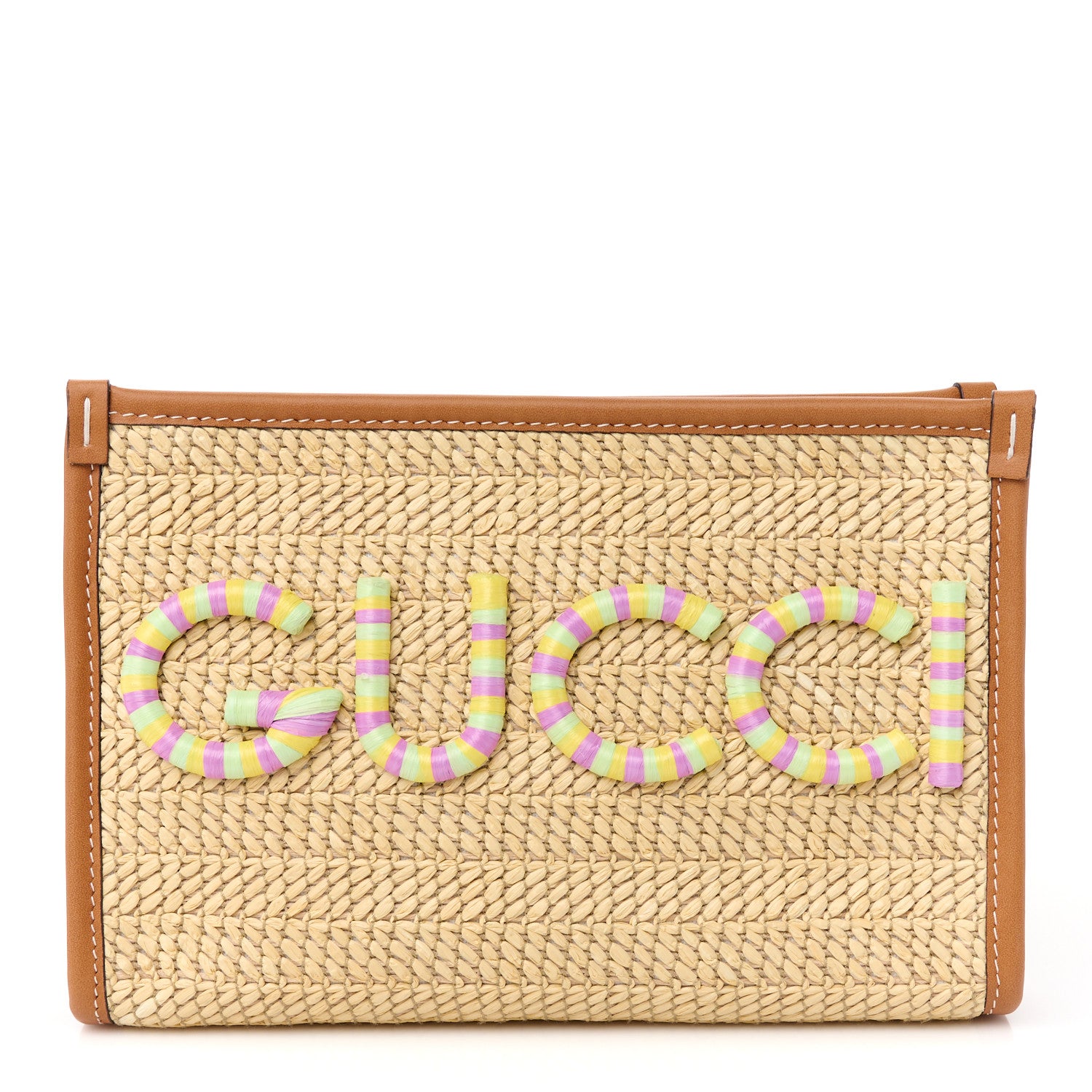 Gucci Straw Effect Raffia Calfskin Logo Wristlet Pouch Brown Multicolor 1 of 9