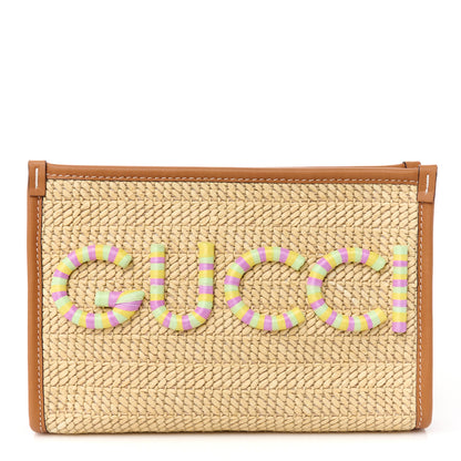 Gucci Straw Effect Raffia Calfskin Logo Wristlet Pouch Brown Multicolor 1 of 9