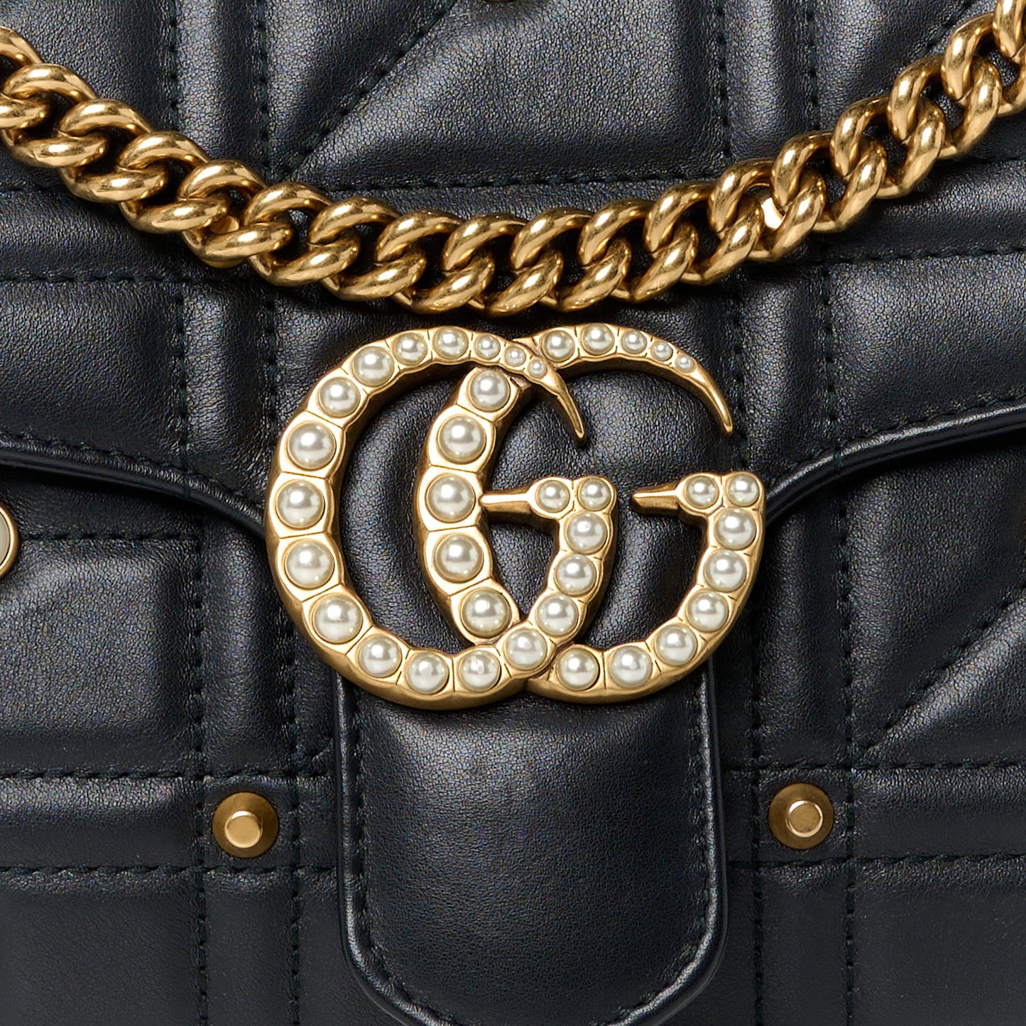Calfskin Matelasse Studded Small Pearly GG Marmont Shoulder Bag Black