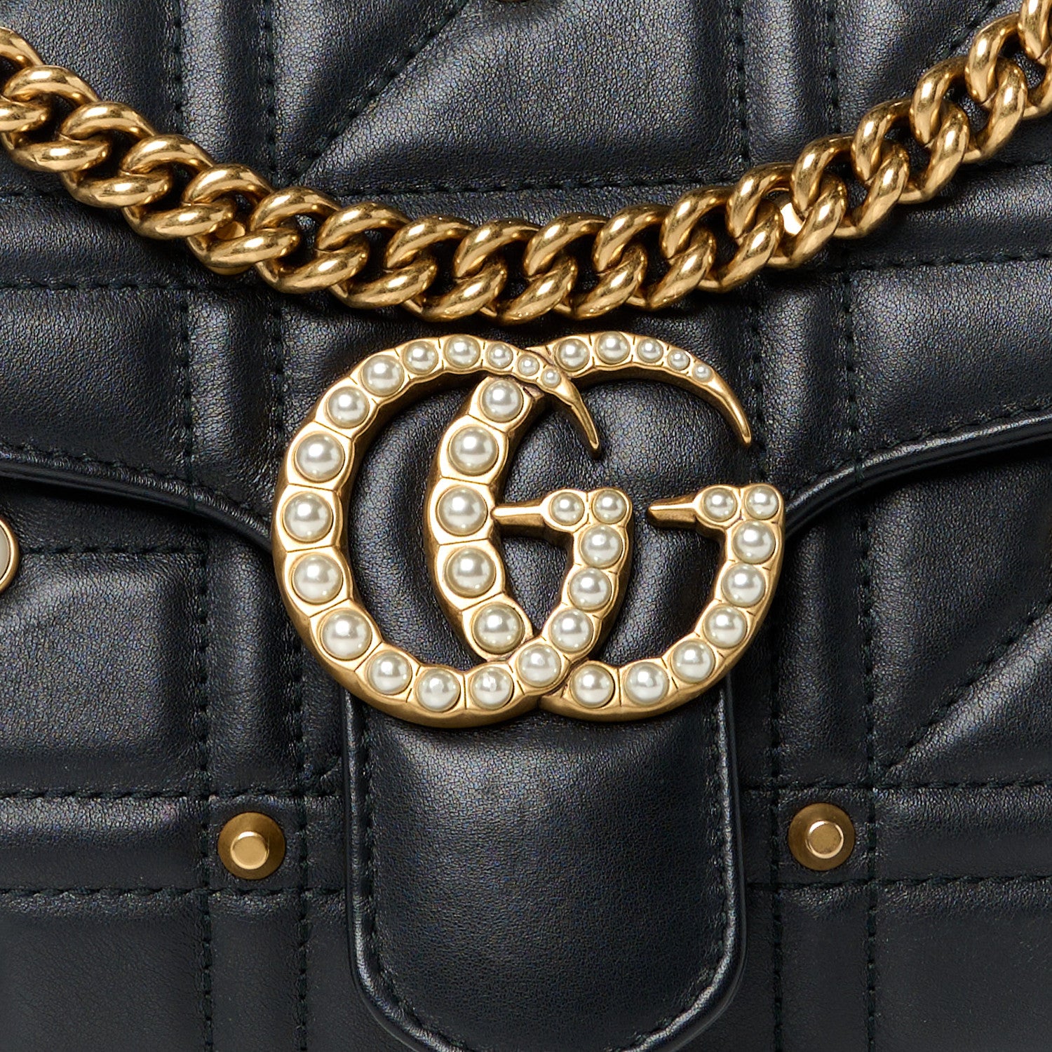 Gucci Calfskin Matelasse Studded Small Pearly GG Marmont Shoulder Bag Black 9 of 11