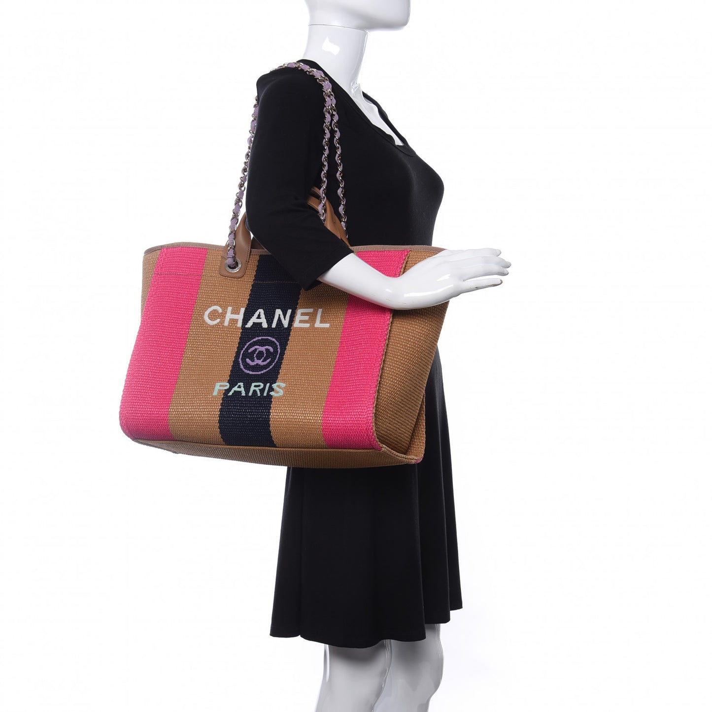 Straw Raffia Calfskin Striped Medium Deauville Tote Dark Beige Fuchsia Navy Blue