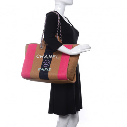 Chanel Straw Raffia Calfskin Striped Medium Deauville Tote Dark Beige Fuchsia Navy Blue 2 of 12