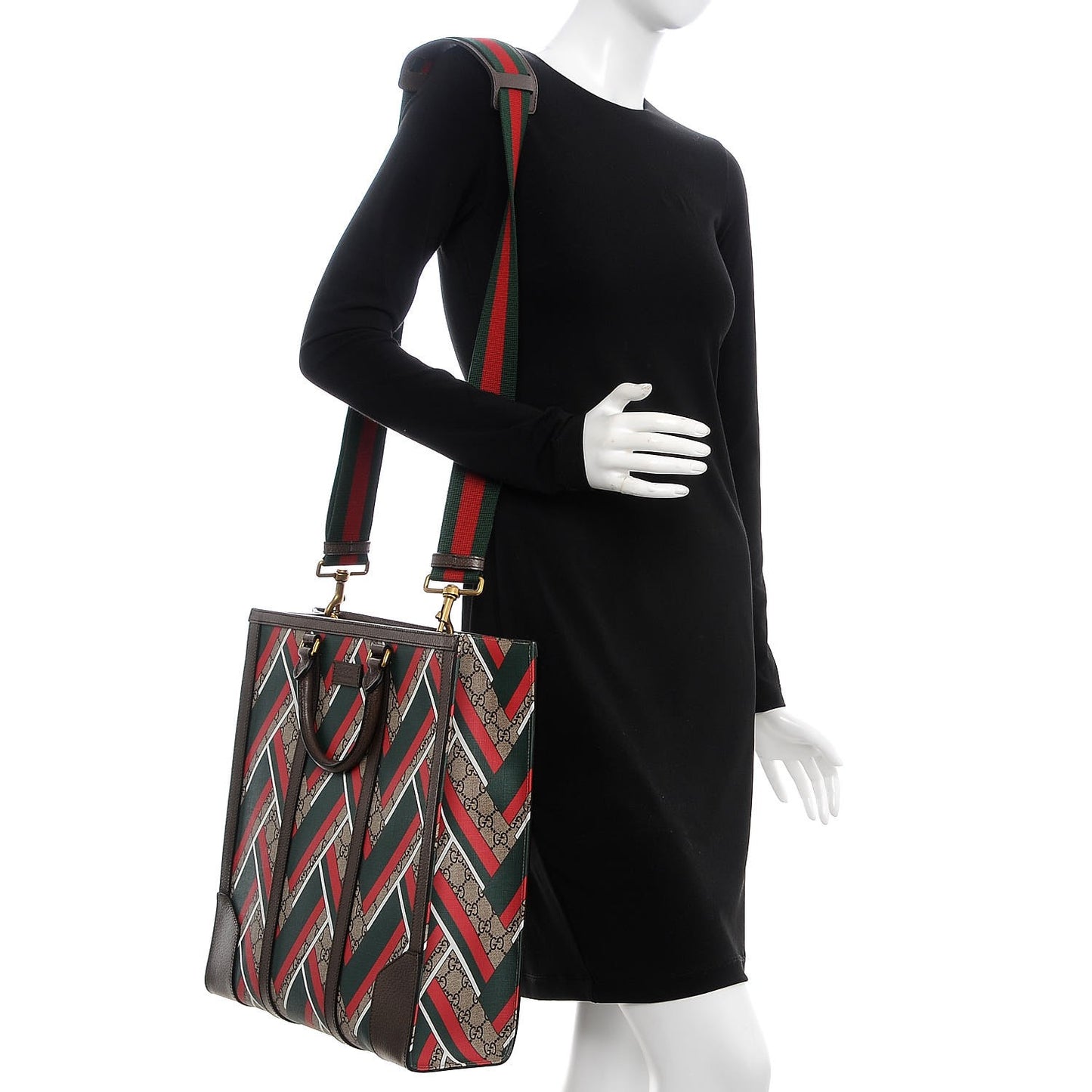 GG Supreme Monogram Chevron Web Vertical Tote Beige Green Red New Acero