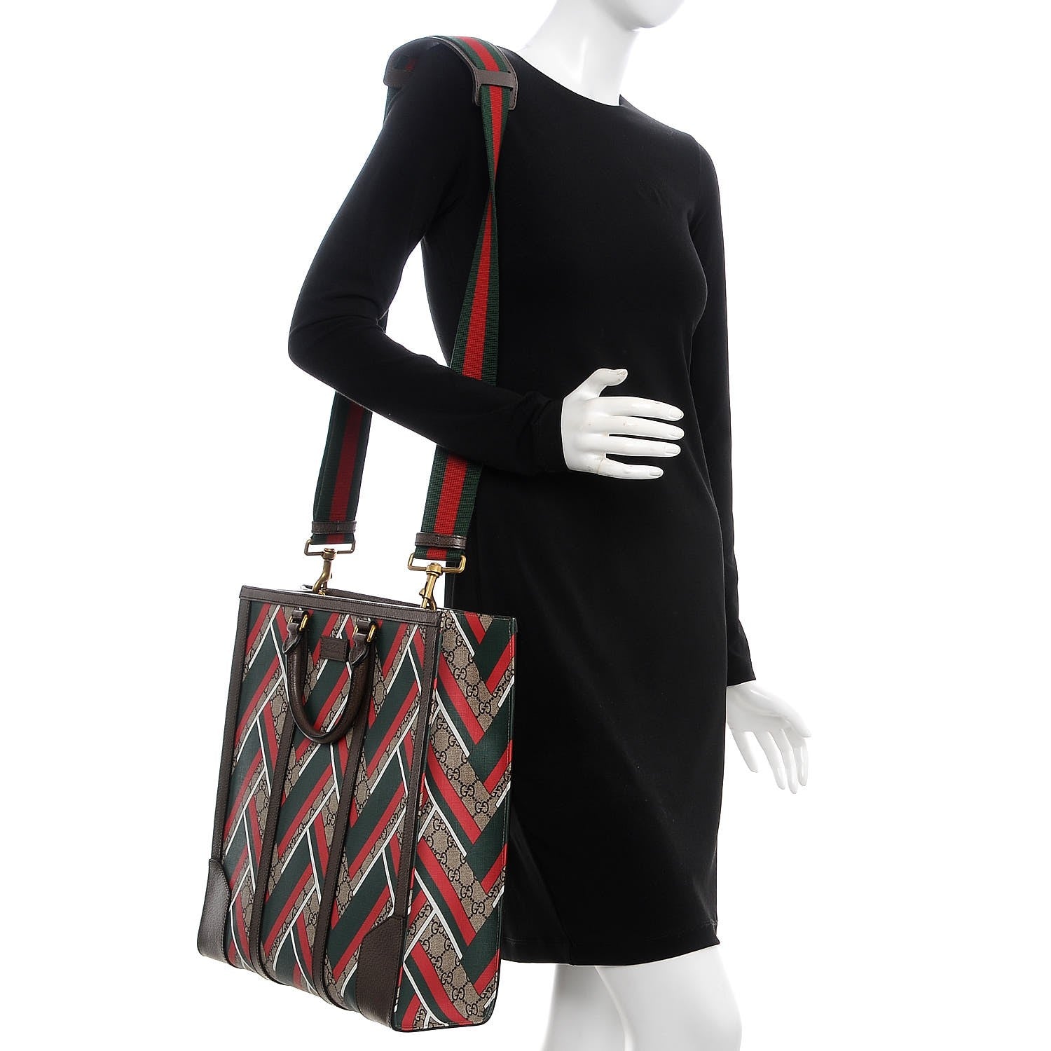 Gucci GG Supreme Monogram Chevron Web Vertical Tote Beige Green Red New Acero 2 of 7