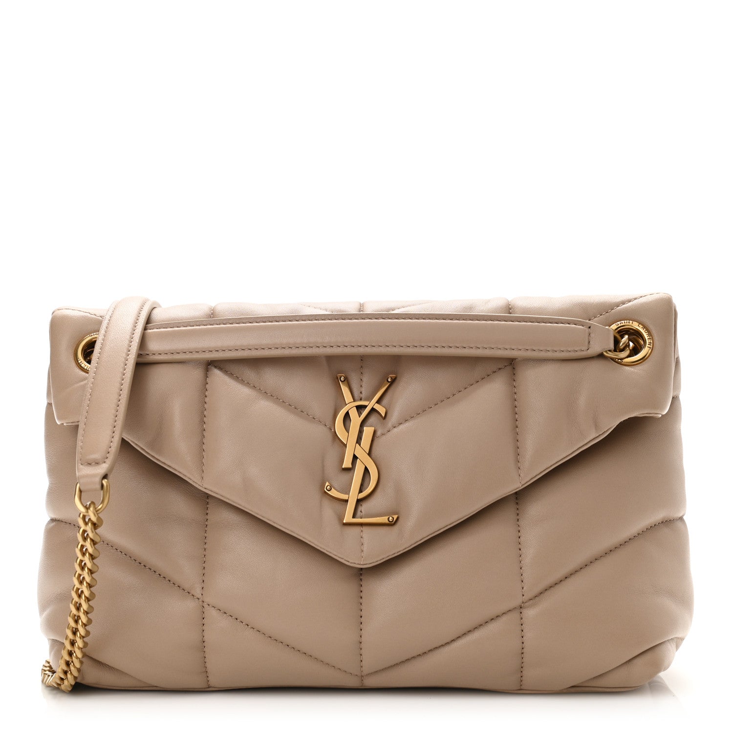 Saint Laurent Lambskin Quilted Small Loulou Puffer Monogram Chain Satchel Dark Beige 1 of 11
