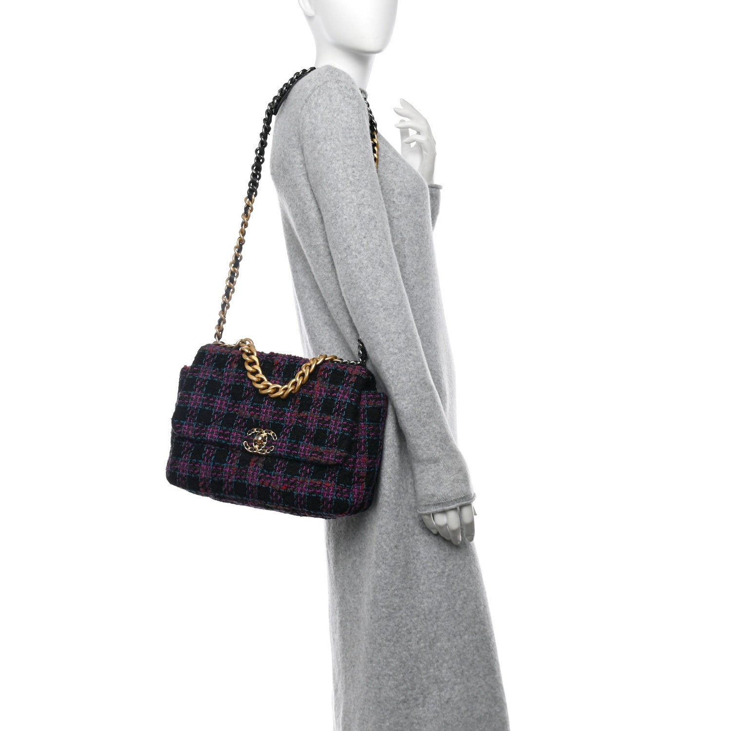 Chanel Tweed Quilted Large Chanel 19 Flap Black Blue Purple 2 of 10