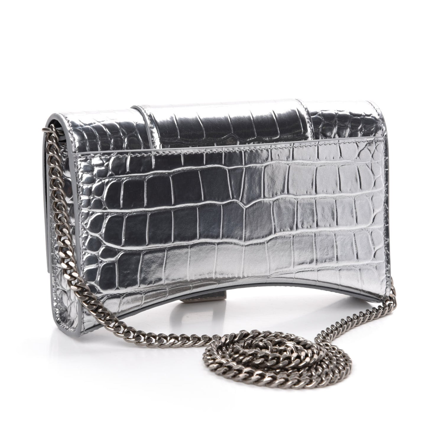 Metallic Calfskin Crocodile Embossed Hourglass Chain Bag Silver