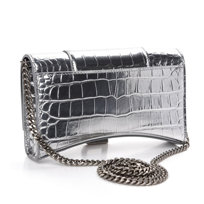 Balenciaga Metallic Calfskin Crocodile Embossed Hourglass Chain Bag Silver 3 of 11