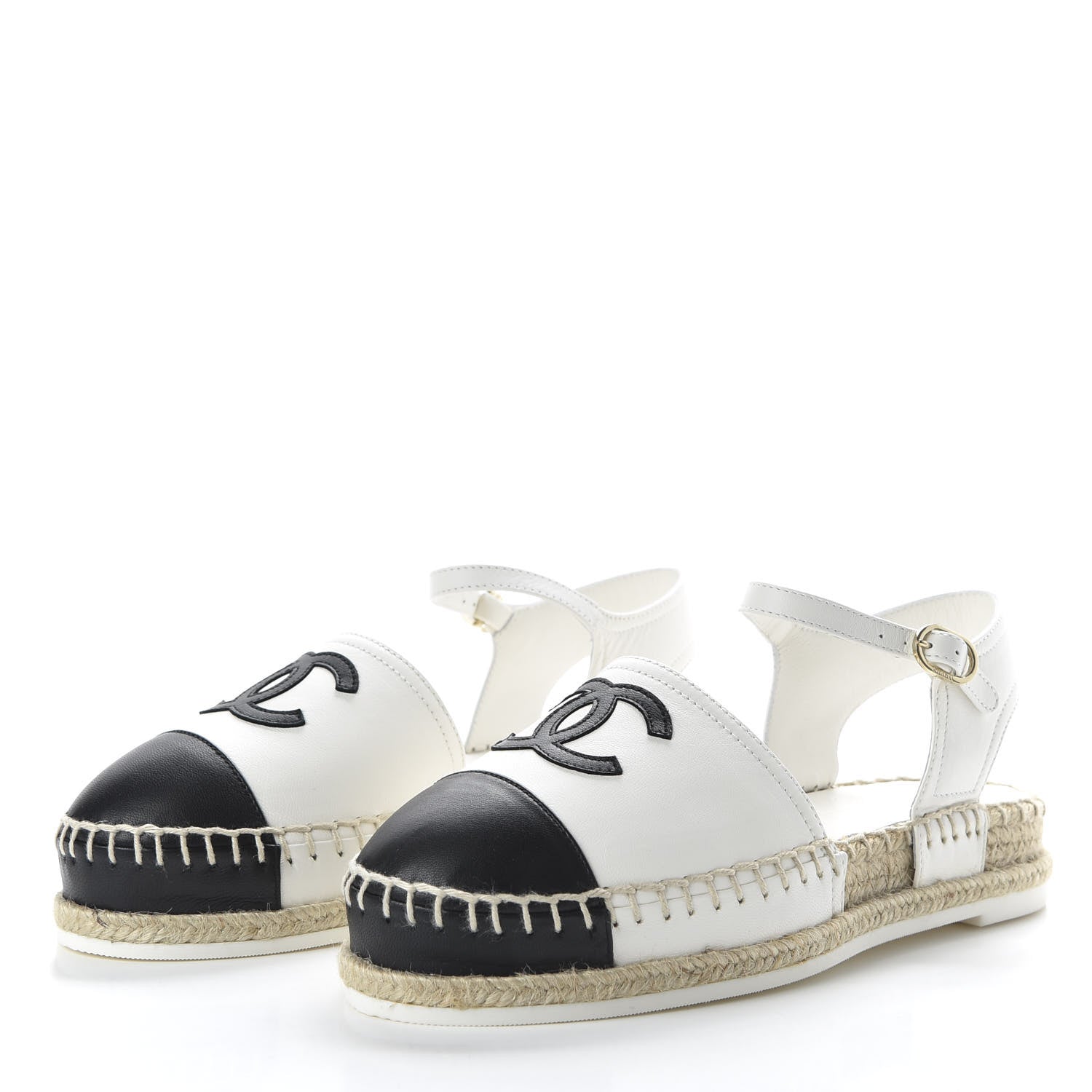 Chanel Lambskin Cap Toe CC Espadrille Sandals 35 Black White 3 of 10