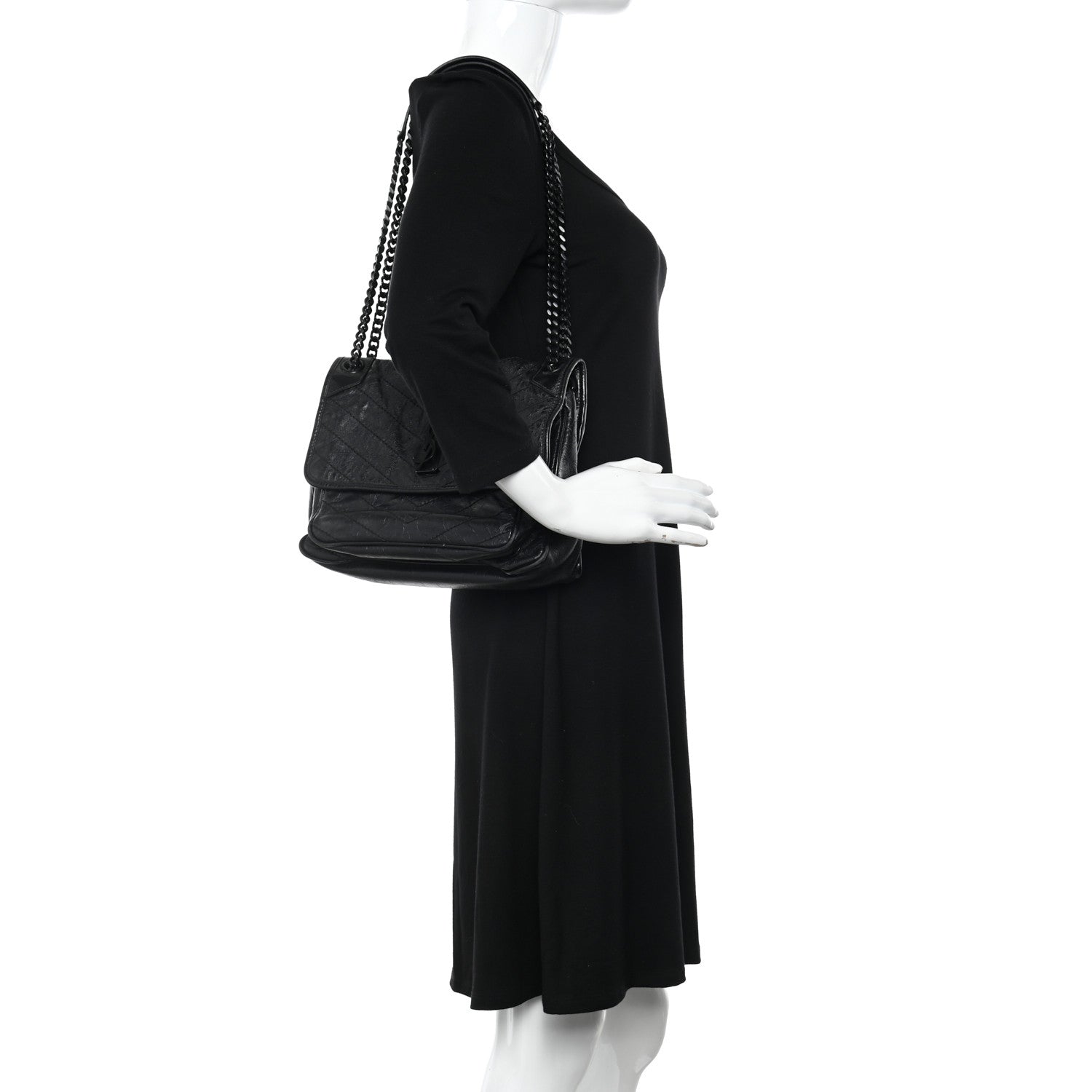 Saint Laurent Crinkled Calfskin Matelasse Monogram Medium Niki Chain Satchel Black 2 of 12