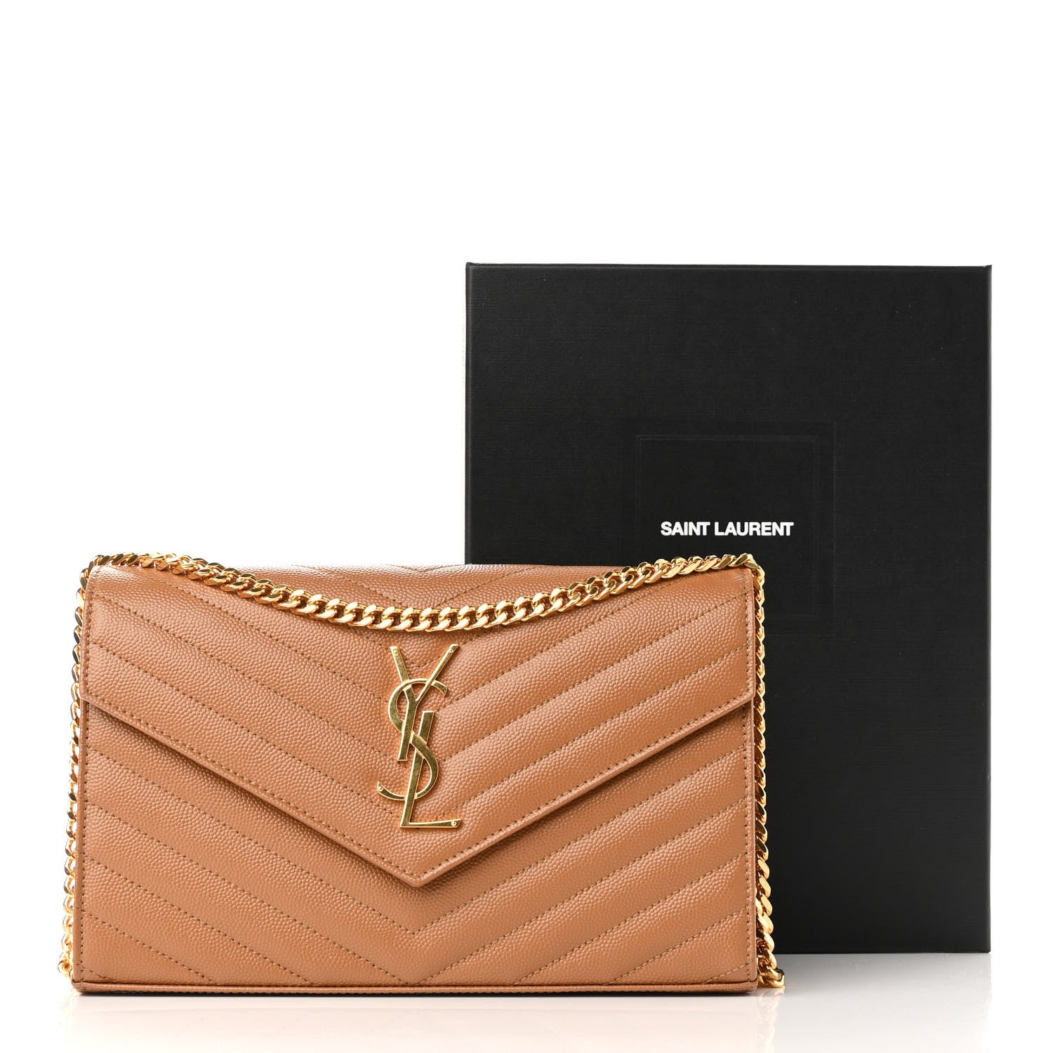 Saint Laurent Grain De Poudre Matelasse Chevron Monogram Chain Wallet Natural Dark 10 of 10