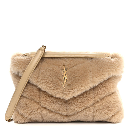 Saint Laurent Merino Shearling Lambskin Quilted Small Loulou Puffer Monogram Chain Satchel Natural Beige 1 of 12