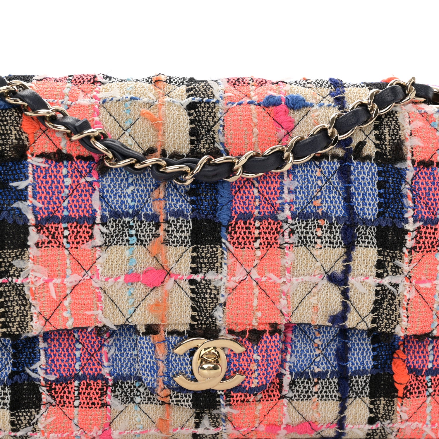 Chanel Tweed Quilted Medium Double Flap Blue Orange Yellow 8 of 11