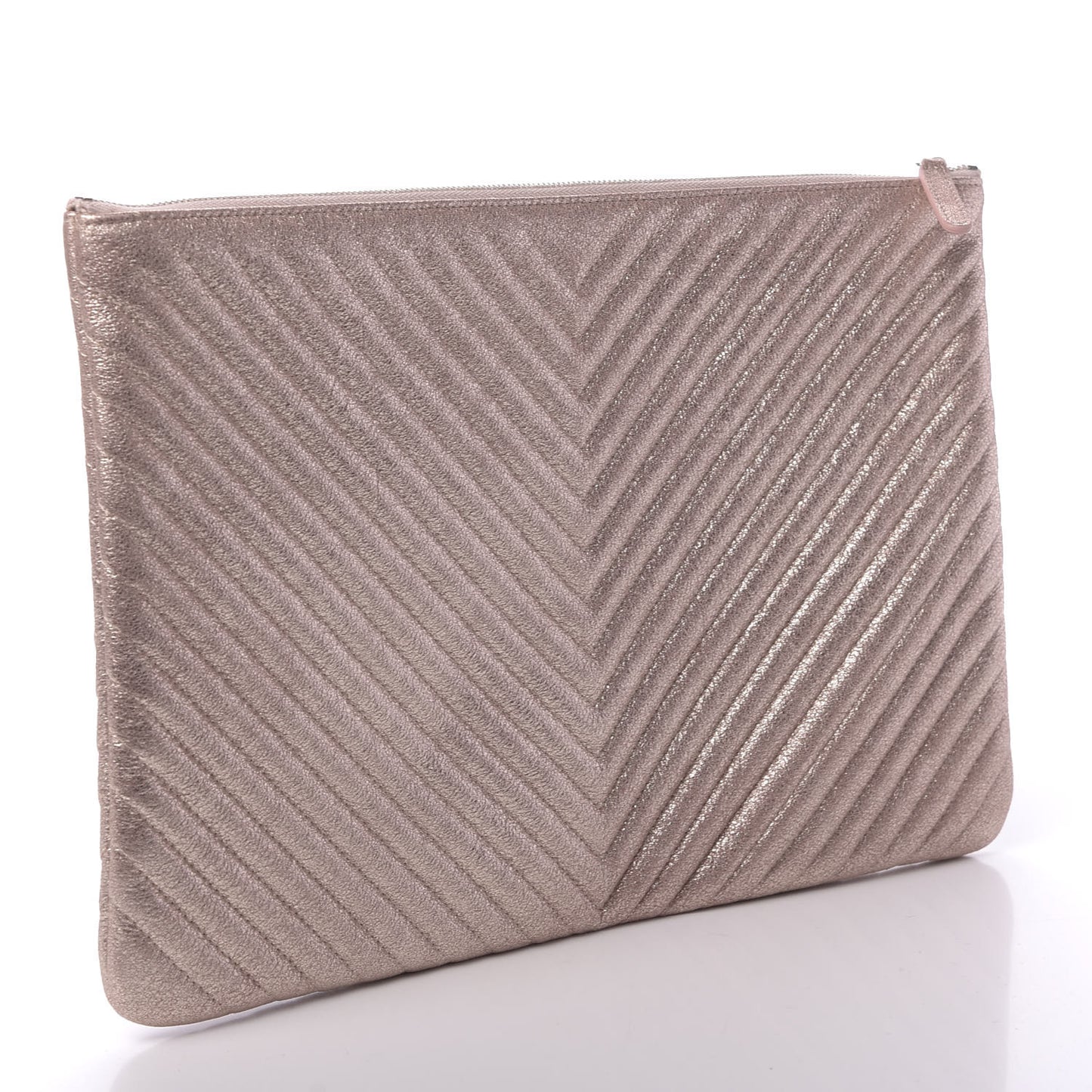 Metallic Crackled Goatskin Studded Chevron Quilted CC Large Zip Clutch Pink