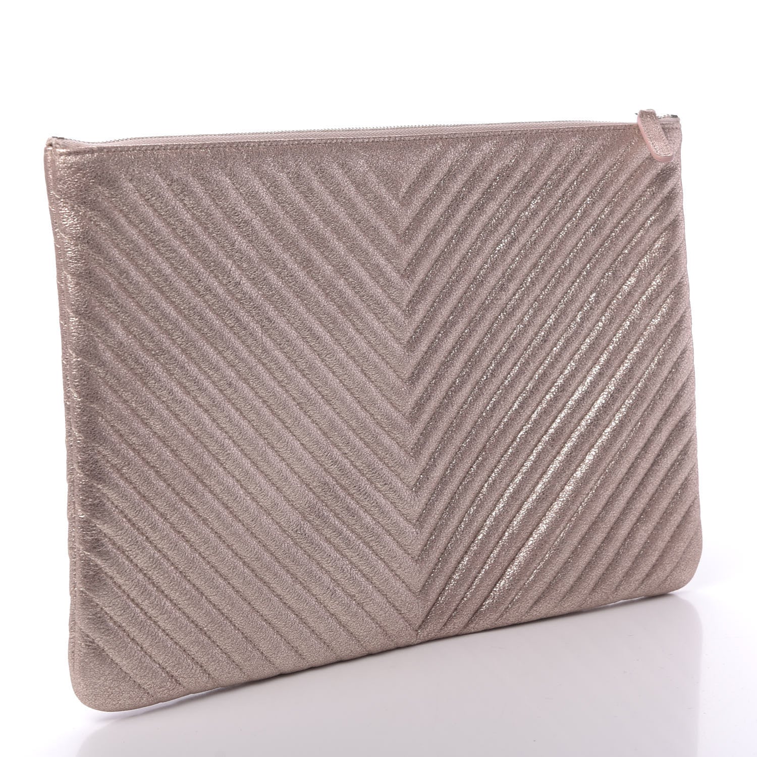 Chanel Metallic Crackled Goatskin Studded Chevron Quilted CC Large Zip Clutch Pink 3 of 7