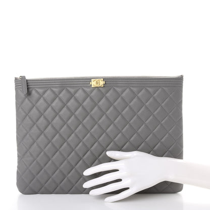 Chanel Calfskin Quilted Large Boy Cosmetic Case Grey 2 of 8