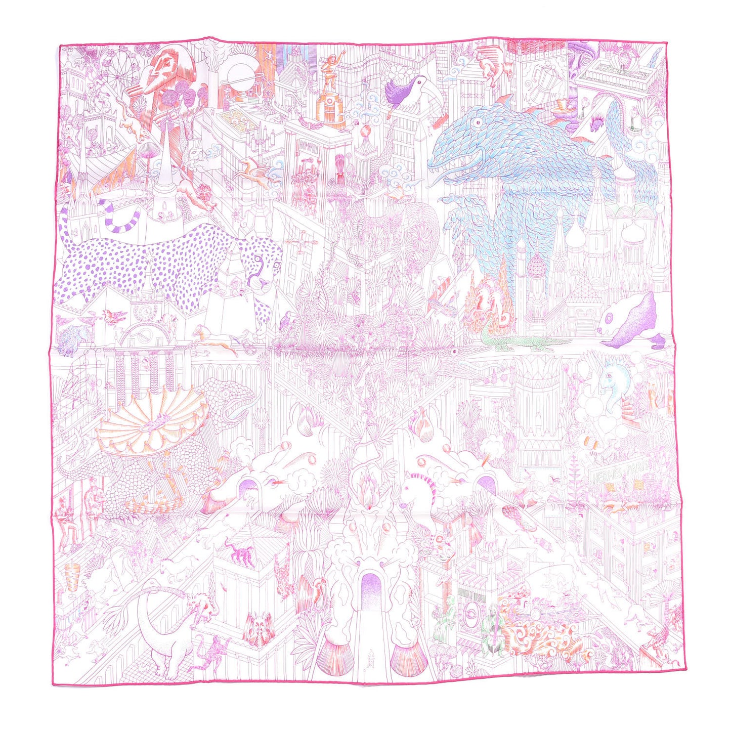 Silk Animapolis Scarf 90 White Fuchsia Multicolor