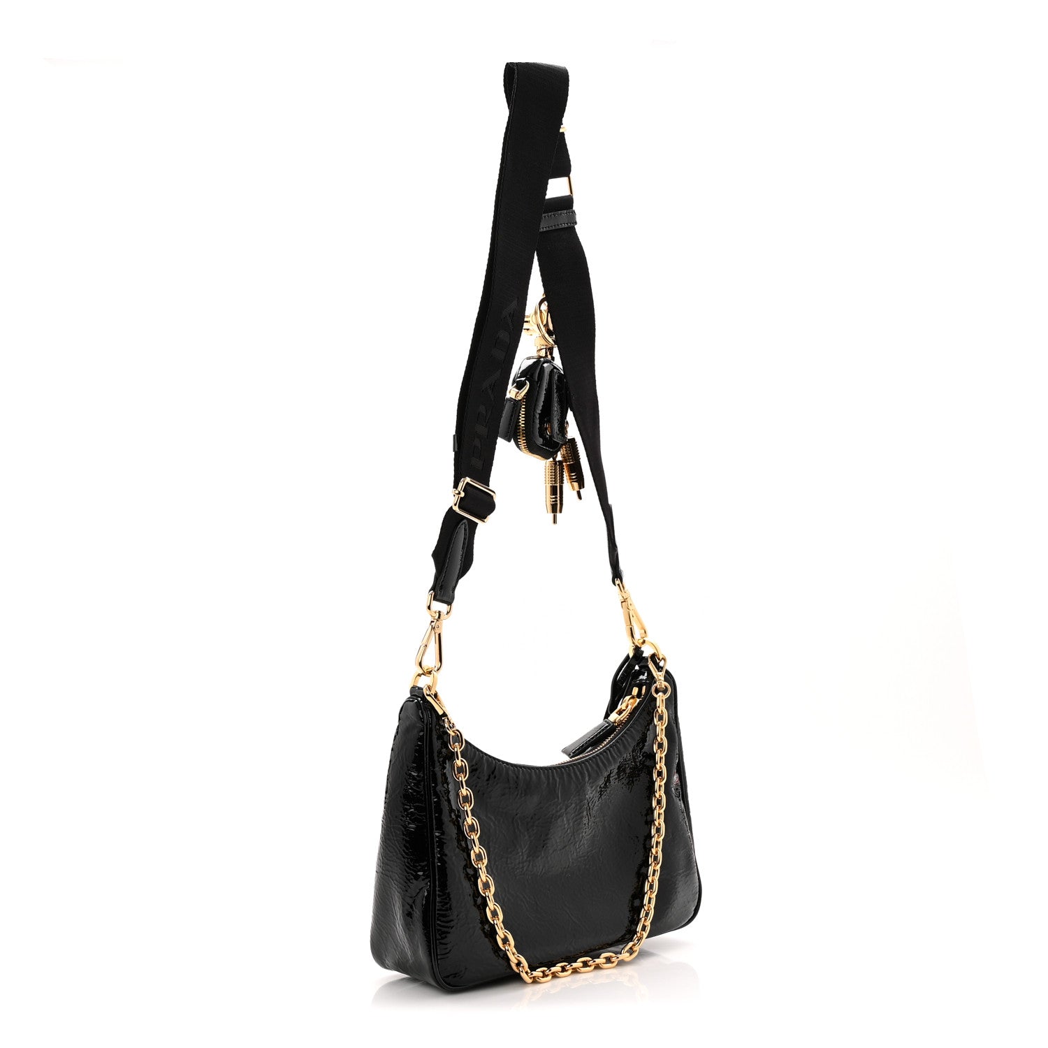 Prada Patent Naplak Re-Edition 2005 Shoulder Bag With Charm Black 3 of 12