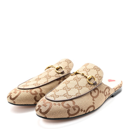 Gucci Monogram Jumbo GG Malaga Kid Womens Princetown Slippers 37 Camel Ebony New Acero Beige 3 of 8