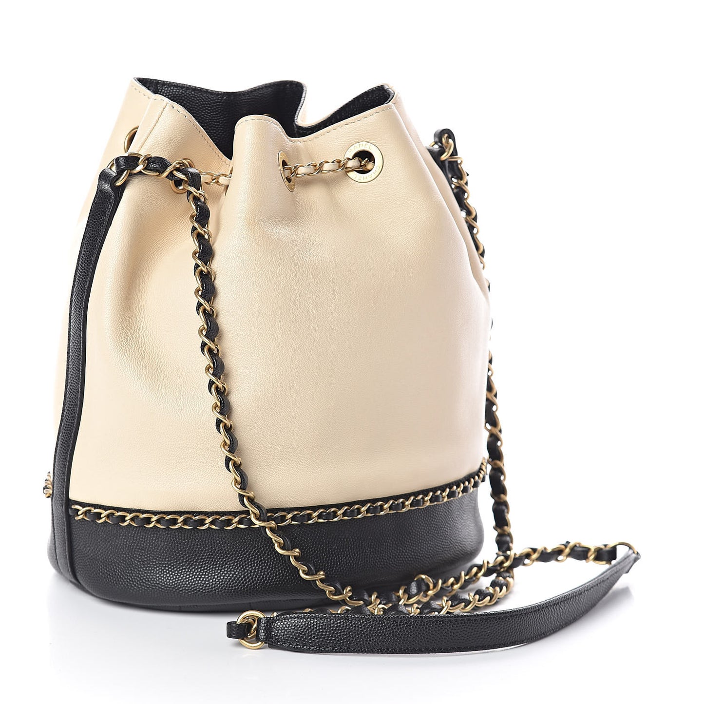 Lambskin Caviar Lovely Chains Drawstring Bag Beige Black