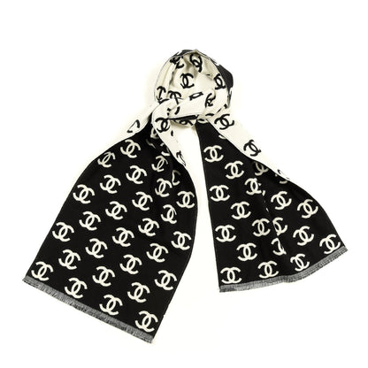 Chanel Wool Cashmere CC Scarf Black White 1 of 3