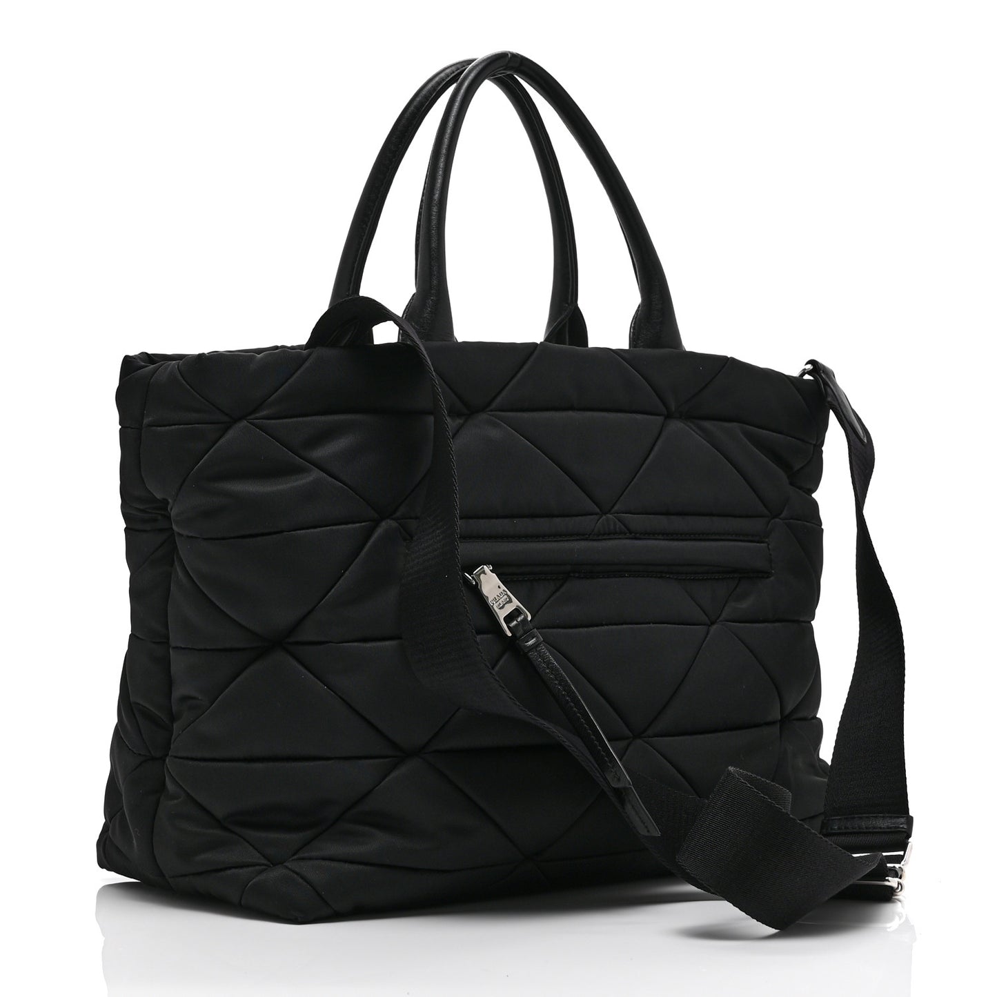 Re-Nylon Nappa Triangle Quilted Padded Medium Double Handled Zip Tote Black