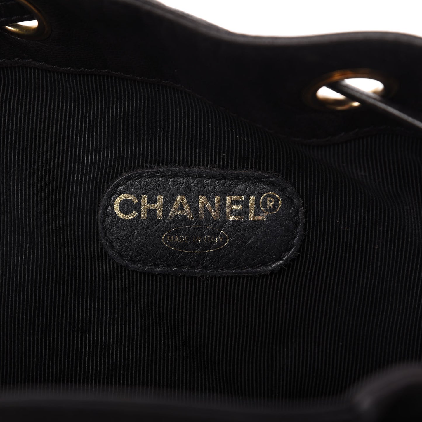Lambskin CC Stitched Drawstring Bucket Bag Black
