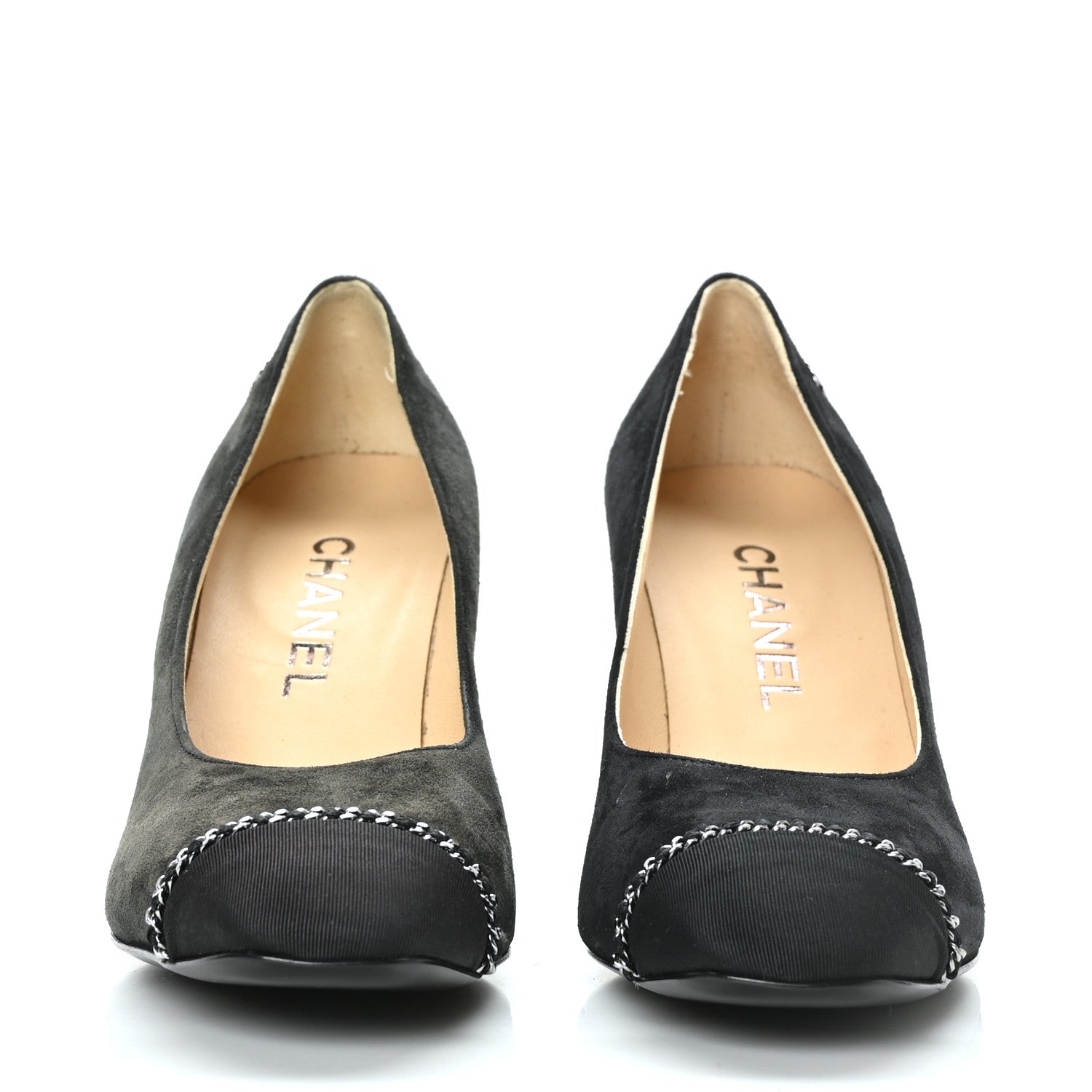 Chanel Suede Grosgrain Cap Toe Chain Pumps 38 Black 2 of 9