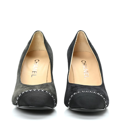 Chanel Suede Grosgrain Cap Toe Chain Pumps 38 Black 2 of 9
