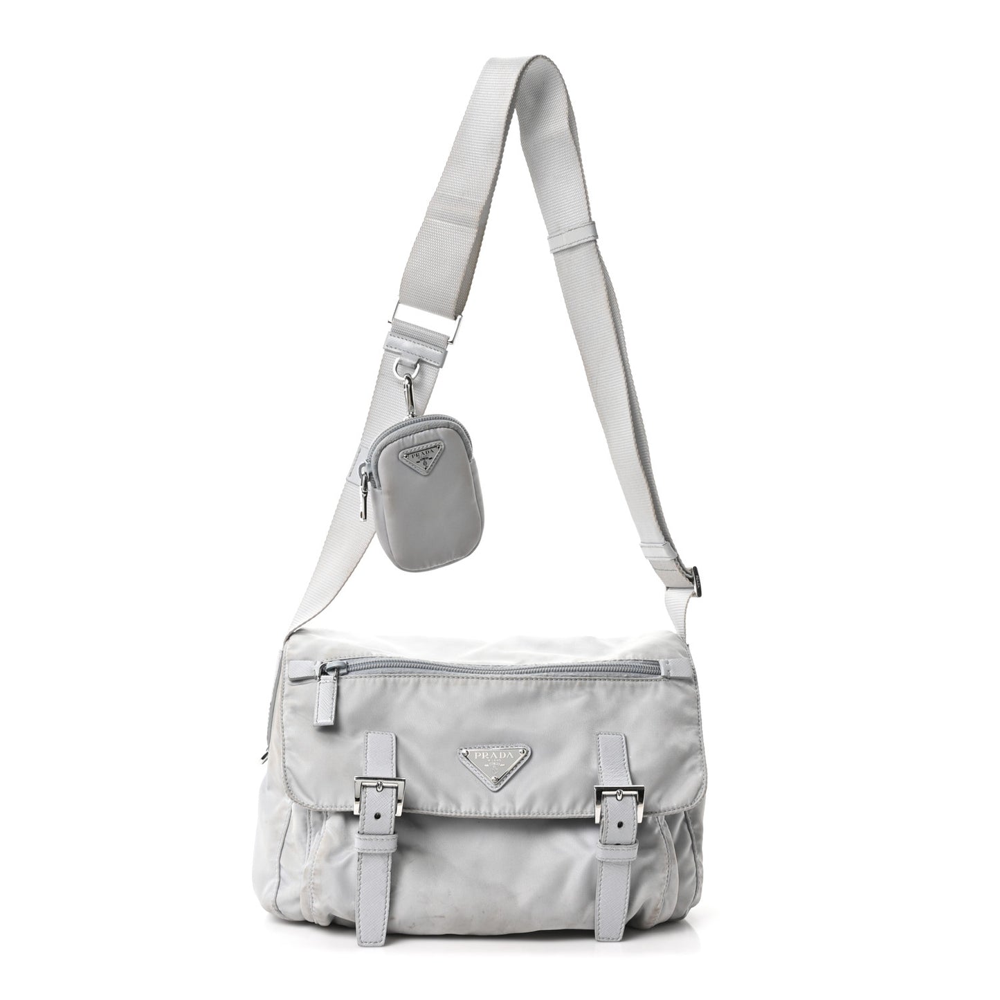 Re-Nylon Vela Saffiano Pocket Double Buckle Messenger Shoulder Bag Fiordaliso
