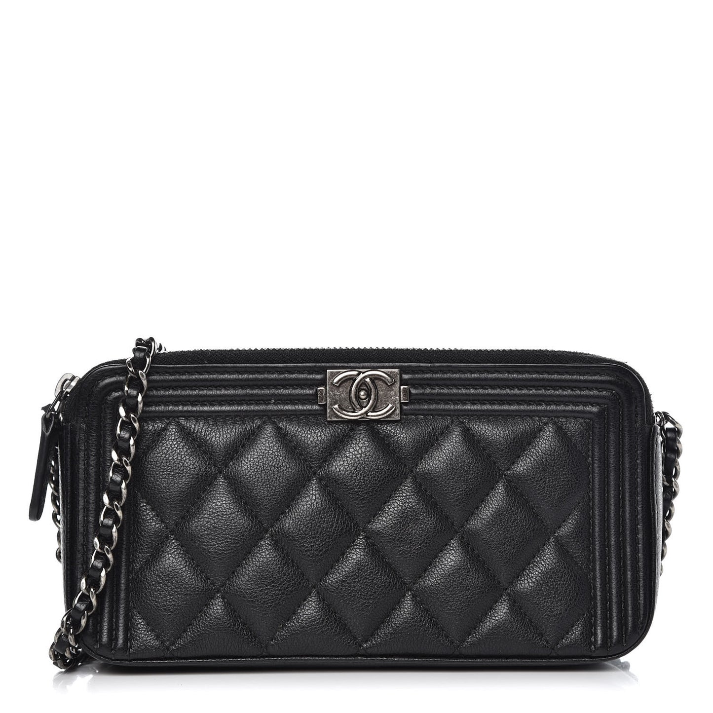 Calfskin Quilted Small Boy Clutch With Chain Black