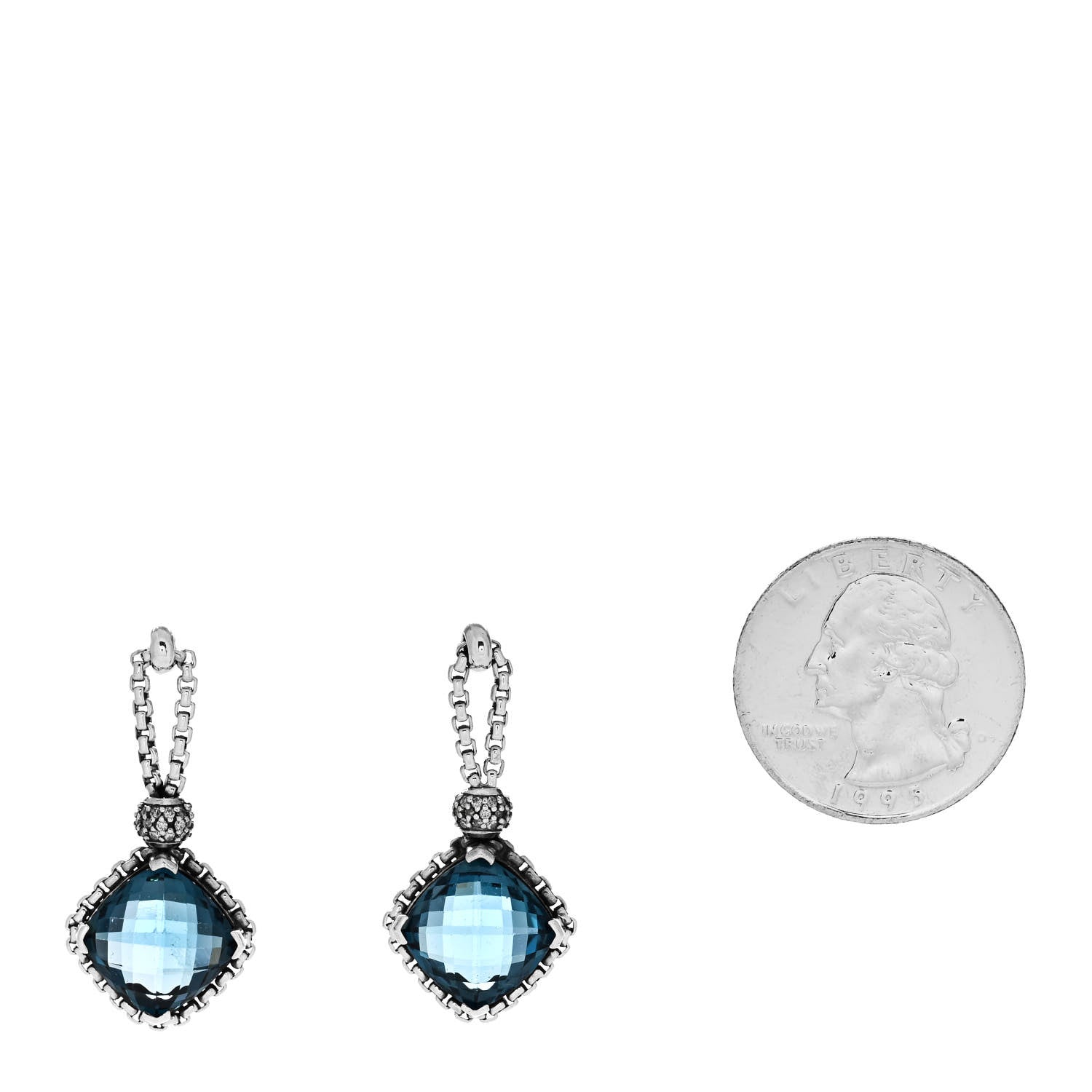 David Yurman Sterling Silver Diamond Blue Topaz Cushion On Point Drop Earrings 2 of 4
