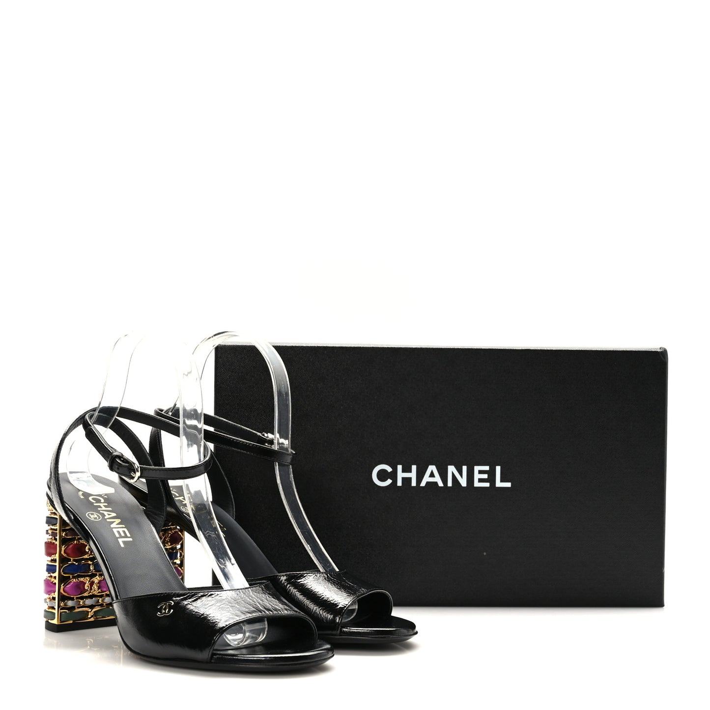 Shiny Calfskin Metal CC Chain Sandals 39.5 Black Multicolor