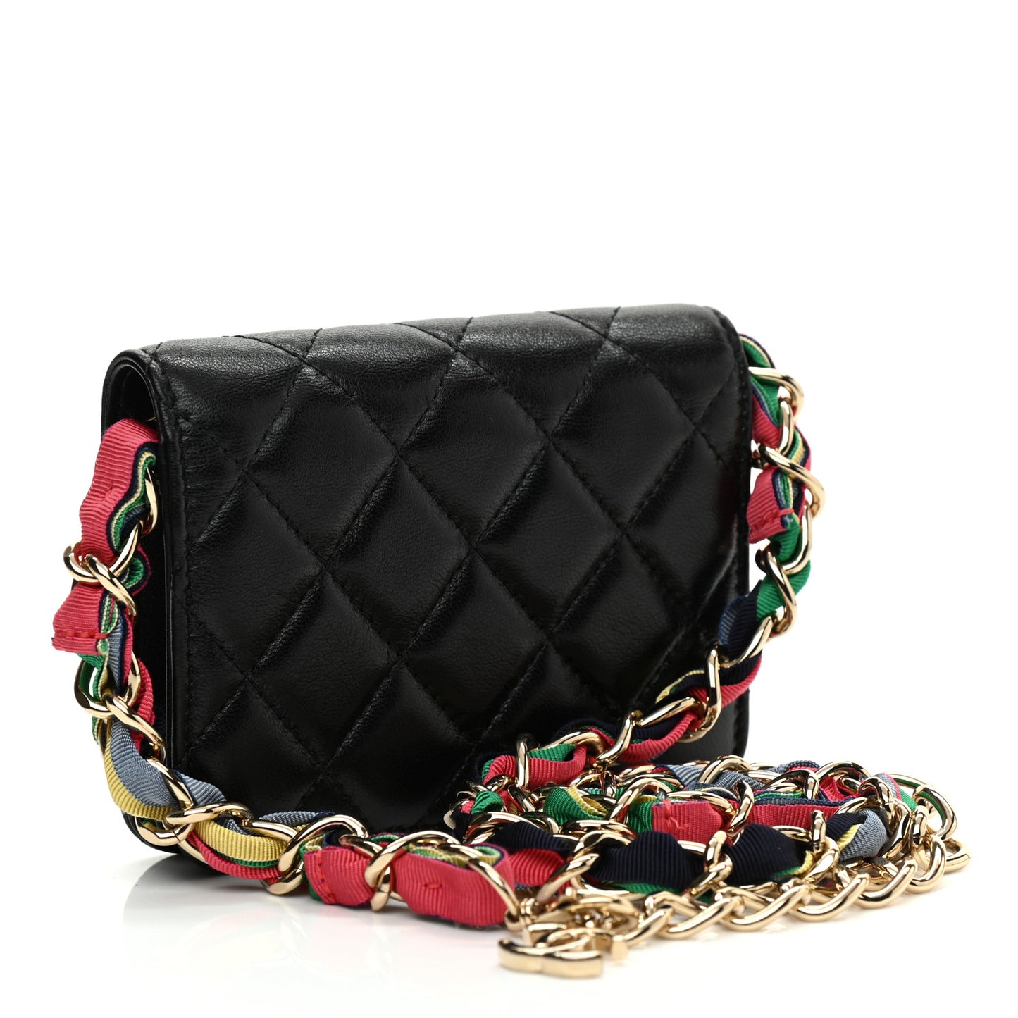 Shiny Lambskin Ribbon Quilted Flap Belt Bag Black