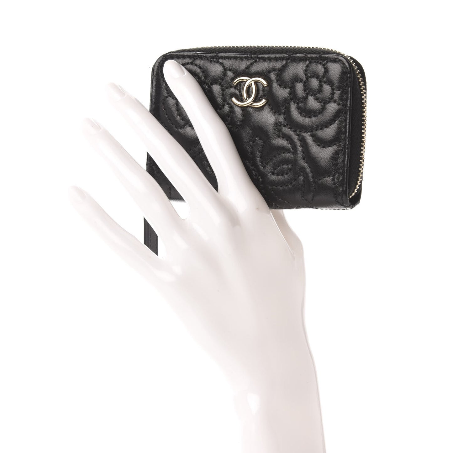 Lambskin Camellia Embossed Zip Coin Purse Black