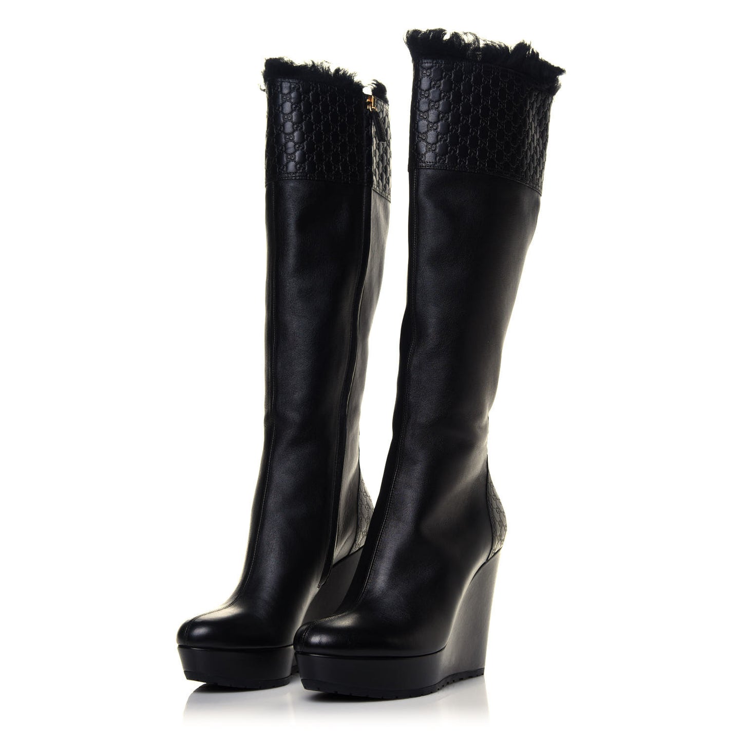 Microguccissima Shearling High Wedge Boots 37.5 Black